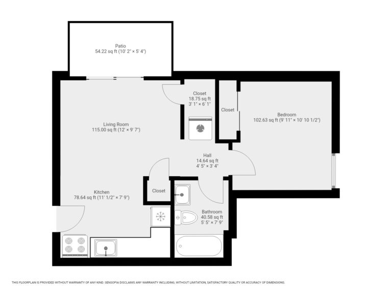 Pine Bridge Apt C4 floor plan with kitchen, living room, patio, bathroom, and 1 bedroom