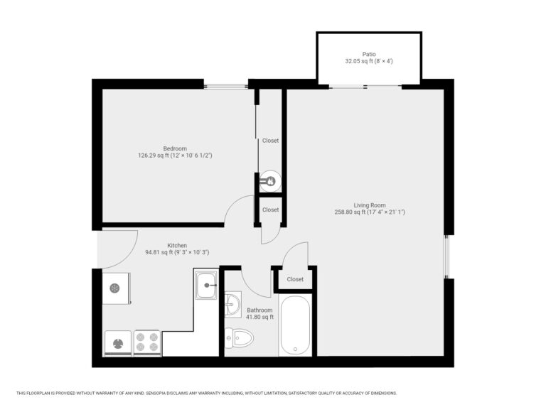 Pine Bridge Apt D12 floor plan with 1 bedroom, kitchen, bathroom, living room, and patio