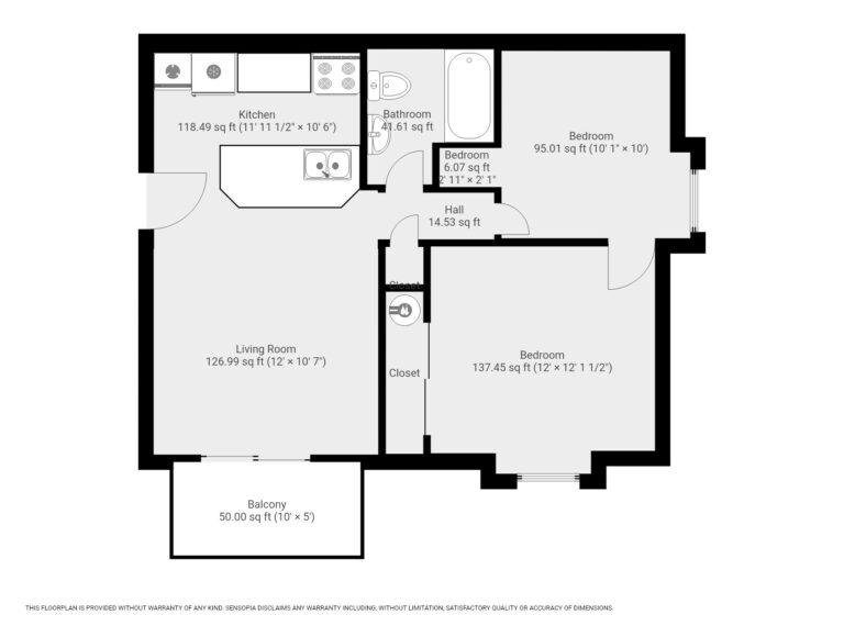 Pine Bridge Apt D3 floor plan with kitchen, living room, balcony, bathroom and 2 bedrooms