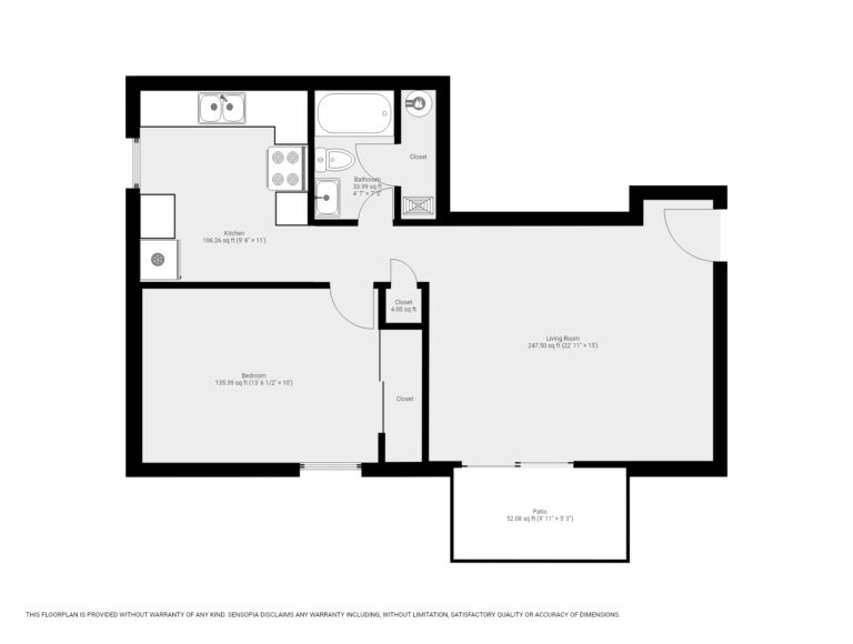 Pine Bridge Apt N1 floor plan with kitchen, bathroom, 1 bedroom, living room and patio