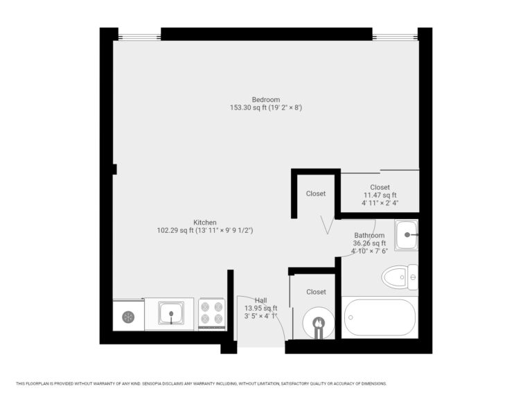 Wood St Apartment 107 floor plan with open floor plan bedroom/kitchen and a bathroom