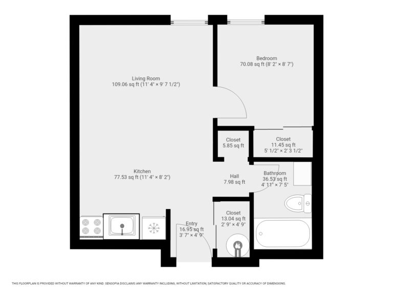 Wood St 202 floor plan with living room, kitchen, bathroom, and 1 bedroom