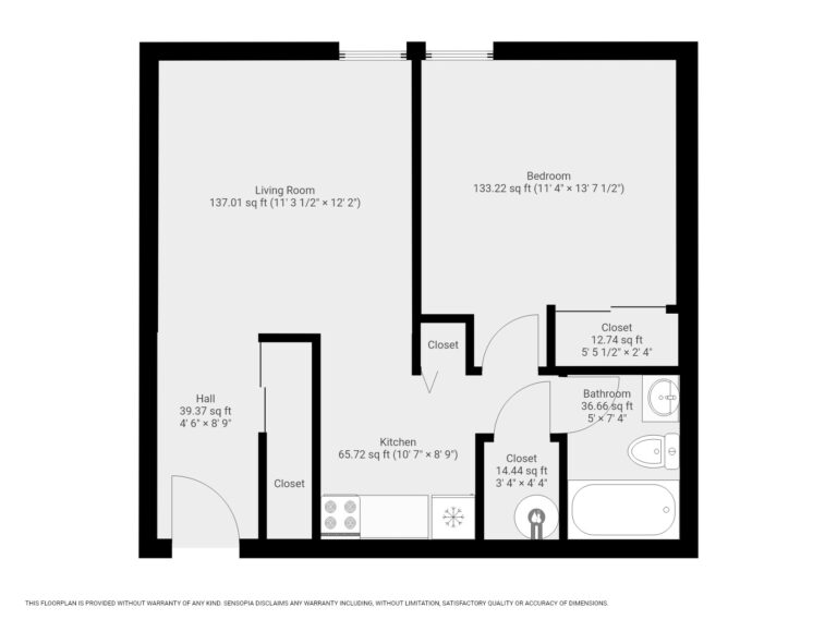 Wood St 214 floor plan with living room, kitchen, bathroom, and 1 bedroom